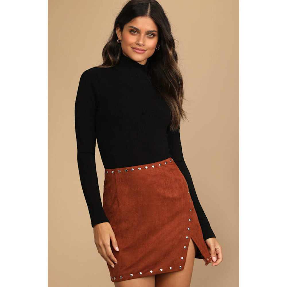 Lulus Fall For It Brown Suede Studded Mini Skirt - Size XL